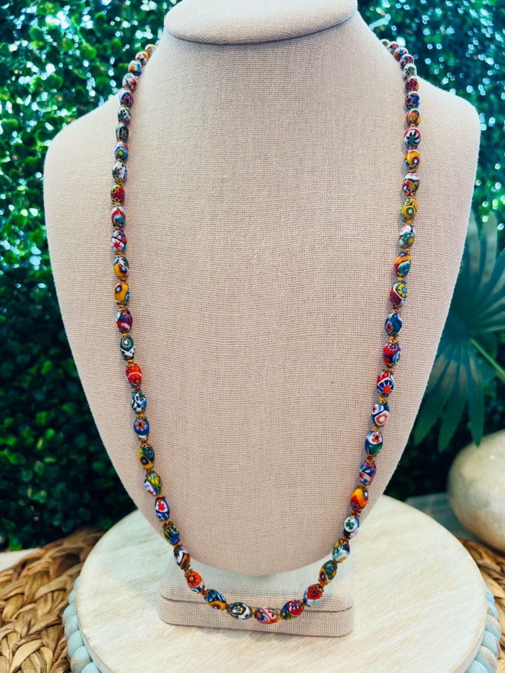 Vintage Murano Millefiori Glass Necklace 28” Hand-Knotted Venetian Mosaic Beads